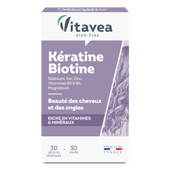 Kératine Biotine VITAVEA Bien-être, un complément alimentaire en gélules pour une cure de 30 jours.