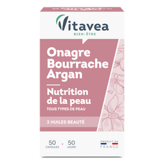 Onagre Bourrache Argan VITAVEA Bien-être, un complément alimentaire en capsules pour une cure de 50 jours.
