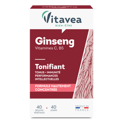 Tonifiant Ginseng VITAVEA Bien-être, un complément alimentaire en gélules à avaler pour une cure de 40 jours.