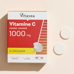 Vitamine C 1000 à croquer VITAVEA Bien-être aide à réduire la fatigue au quotidien ; apporter de l'énergie à l'organisme et maintenir le bon fonctionnement du système immunitaire.
