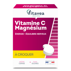 Vitamine C + Magnésium à croquer VITAVEA Bien-être, un complément alimentaire en comprimés à croquer pour une cure de 28 jours.