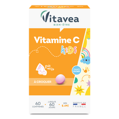 Vitamine C KIDS à croquer VITAVEA Bien-être, un complément alimentaire en comprimés à croquer pour une cure allant jusqu'à 60 jours.